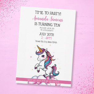 Rainbow Mane Sparkle Unicorn Girl 10th Birthday Invitation