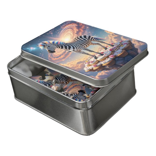 Rainbow-Maned Zebra on a Cupcake-Topped Cliff Jigsaw Puzzle (Lid Open)