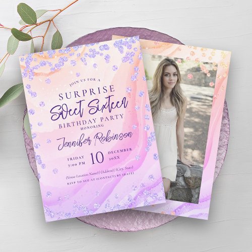 Rainbow Marble Glitter Photo SURPRISE Sweet 16   Invitation