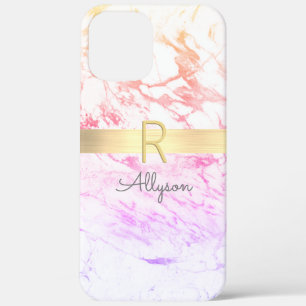 Rainbow Marble & Gold Bar, DIY Grey Name &Monogram iPhone 12 Pro Max Case