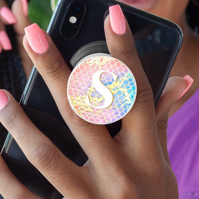 Rainbow Marble Mermaid Fish Scales Custom Monogram PopSocket (Creator Uploaded)