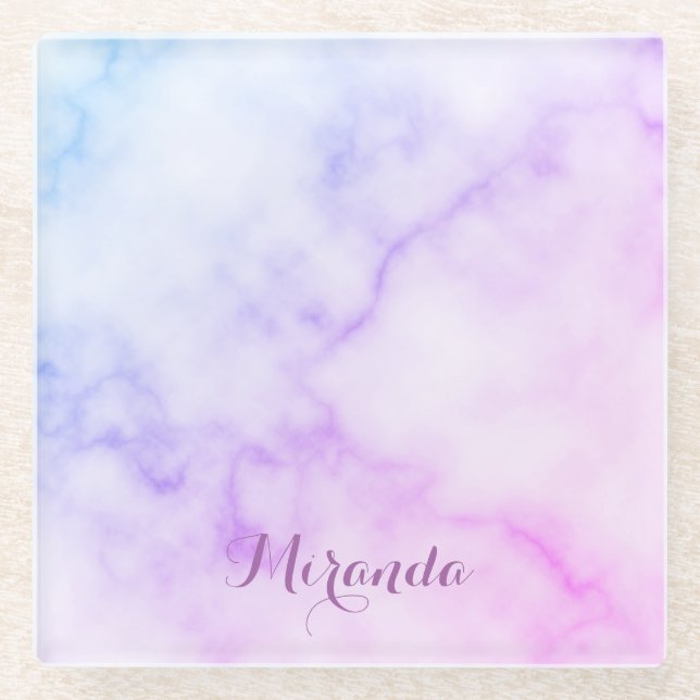 Rainbow Marble Pattern with Personalized Name Glass Coaster (Front)