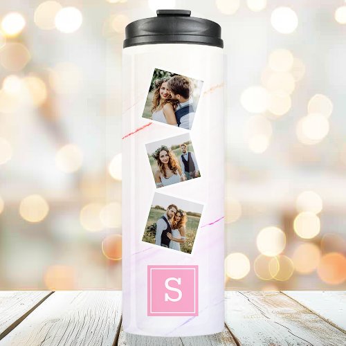 Rainbow Marble Trendy Photo Collage Monogram Thermal Tumbler