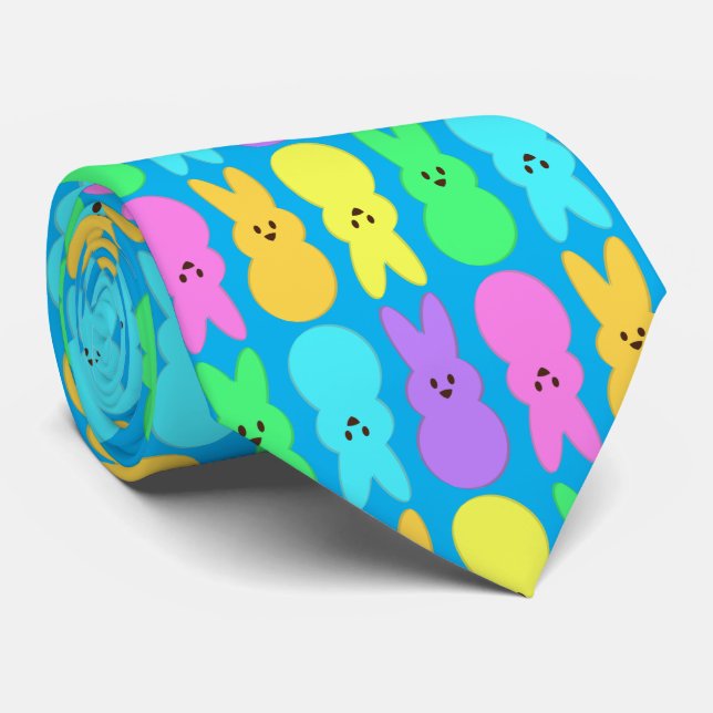 Rainbow Marshmallow Alternating Bunny Blue Neck Ti Neck Tie (Rolled)
