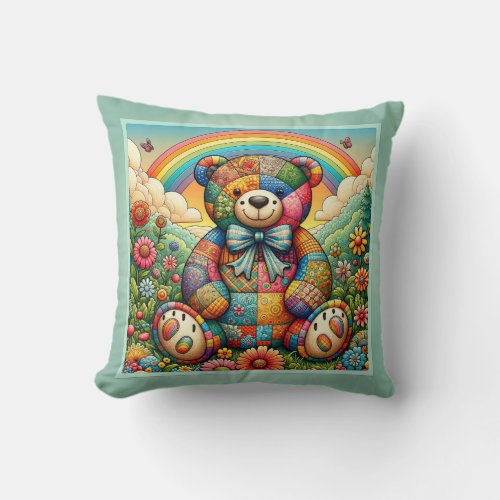 Rainbow Meadow Patchwork Bear Throw Pillow
