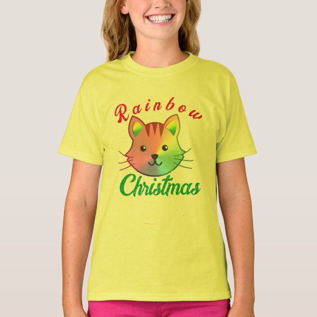 Rainbow "Meowy Christmas" Kid Shirt - Holiday Gift (Front)