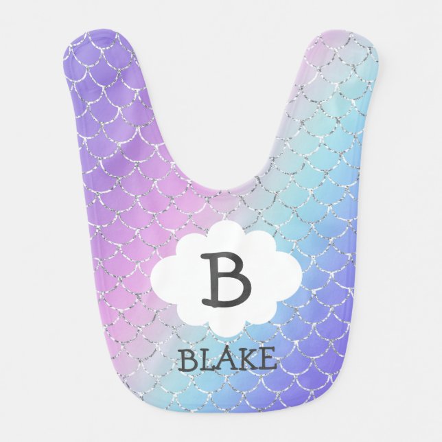 Rainbow Mermaid Custom Monogram Name Girl Baby Bib (Front)