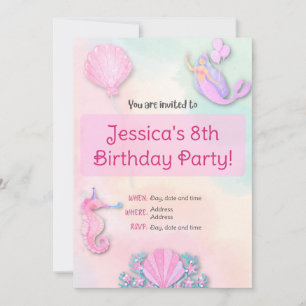 Rainbow mermaid girl's birthday invitation