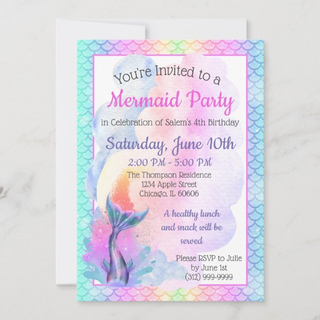 Rainbow Mermaid Party Invitation (Front)