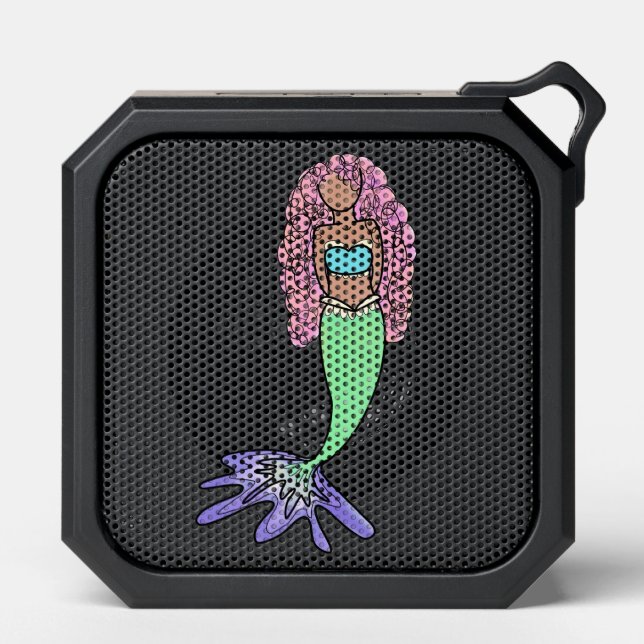 rainbow mermaid pink blue purple green black curly bluetooth speaker (Front)