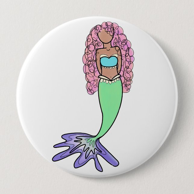 rainbow mermaid pink blue purple green black curly button (Front)