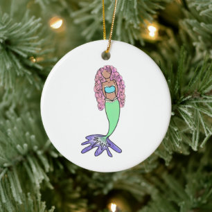 rainbow mermaid pink blue purple green black curly ceramic ornament
