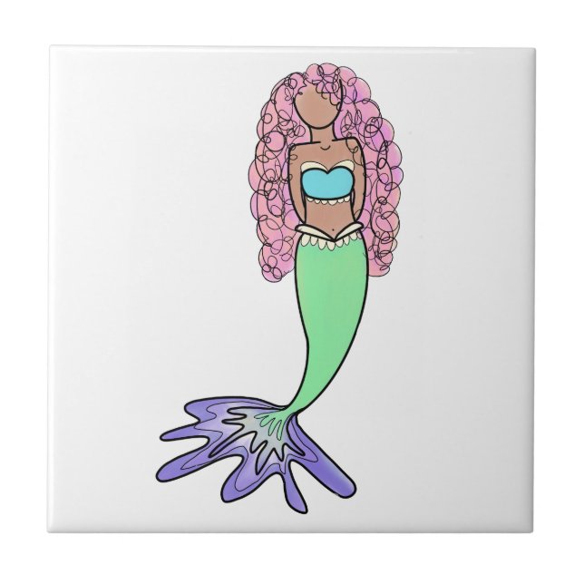 rainbow mermaid pink blue purple green black curly ceramic tile (Front)
