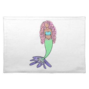 rainbow mermaid pink blue purple green black curly cloth placemat