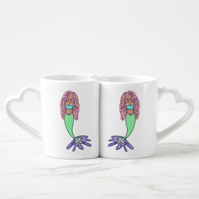 rainbow mermaid pink blue purple green black curly coffee mug set (Back Nesting)