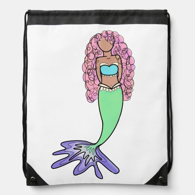 rainbow mermaid pink blue purple green black curly drawstring bag (Front)
