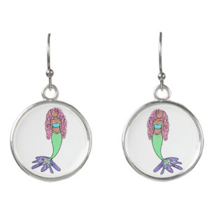 rainbow mermaid pink blue purple green black curly earrings