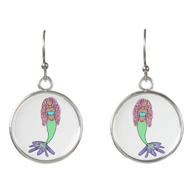 rainbow mermaid pink blue purple green black curly earrings (Front)