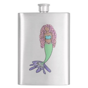 rainbow mermaid pink blue purple green black curly flask