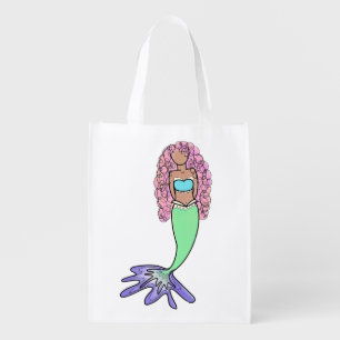 rainbow mermaid pink blue purple green black curly grocery bag