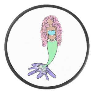 rainbow mermaid pink blue purple green black curly hockey puck