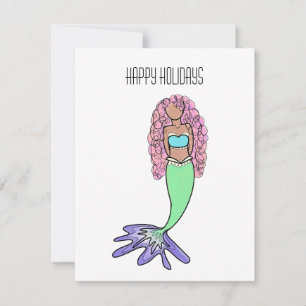 rainbow mermaid pink blue purple green black curly holiday card