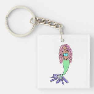 rainbow mermaid pink blue purple green black curly keychain