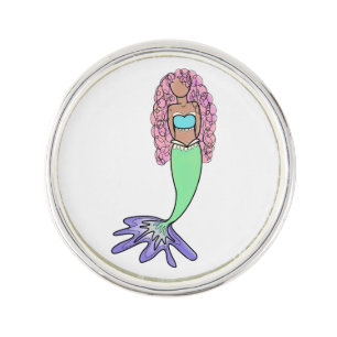 rainbow mermaid pink blue purple green black curly lapel pin