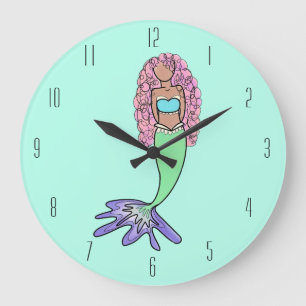 rainbow mermaid pink blue purple green black curly large clock