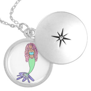 rainbow mermaid pink blue purple green black curly locket necklace