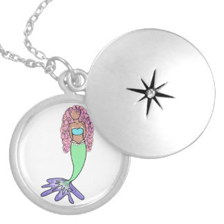 rainbow mermaid pink blue purple green black curly locket necklace