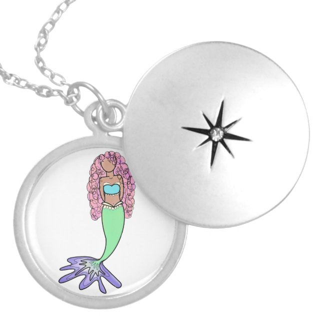 rainbow mermaid pink blue purple green black curly locket necklace (Front)