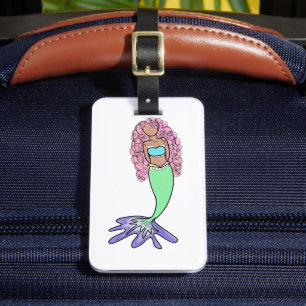 rainbow mermaid pink blue purple green black curly luggage tag