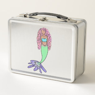 rainbow mermaid pink blue purple green black curly metal lunch box