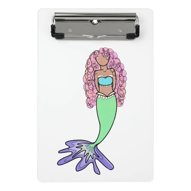 rainbow mermaid pink blue purple green black curly mini clipboard (Front)