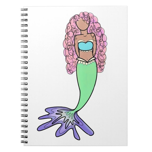 rainbow mermaid pink blue purple green black curly notebook (Front)