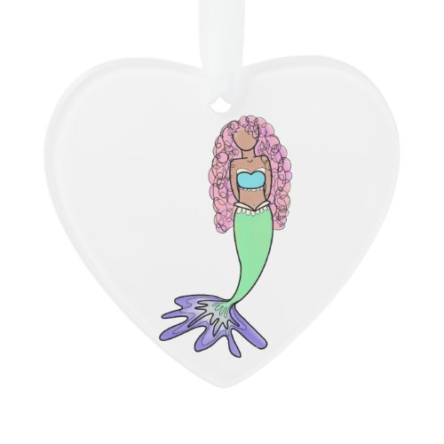 rainbow mermaid pink blue purple green black curly ornament