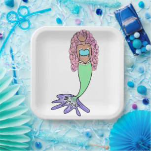 rainbow mermaid pink blue purple green black curly paper plates