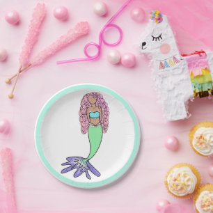 rainbow mermaid pink blue purple green black curly paper plates