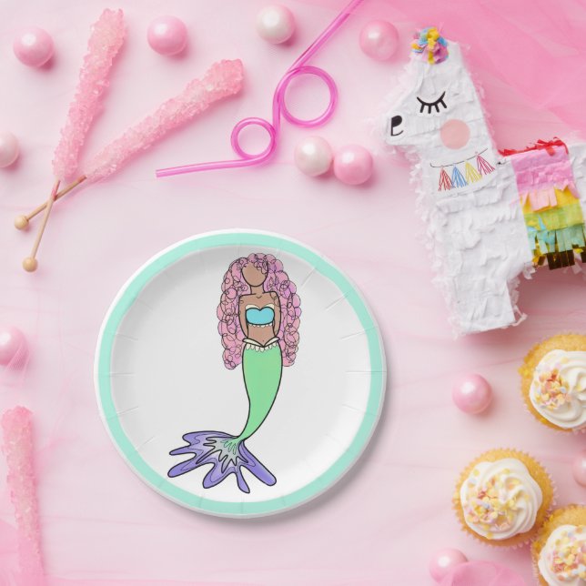 rainbow mermaid pink blue purple green black curly paper plates (Party)