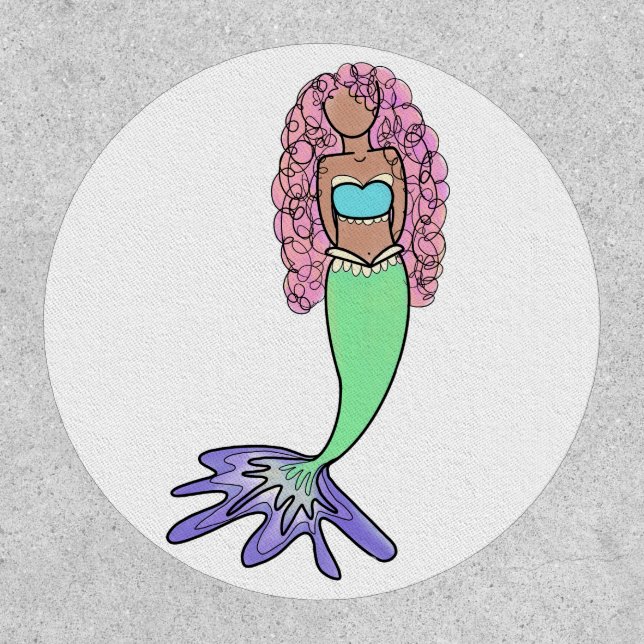 rainbow mermaid pink blue purple green black curly patch (Front)