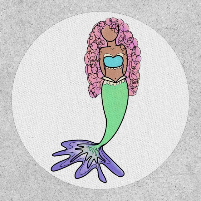 rainbow mermaid pink blue purple green black curly patch (Front)