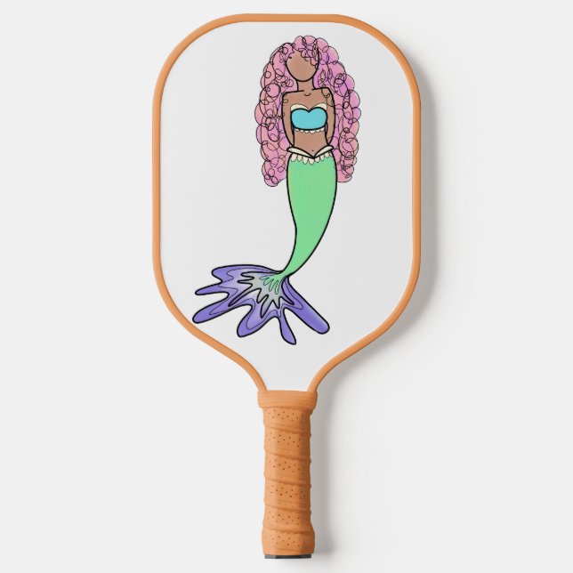 rainbow mermaid pink blue purple green black curly pickleball paddle (Front)