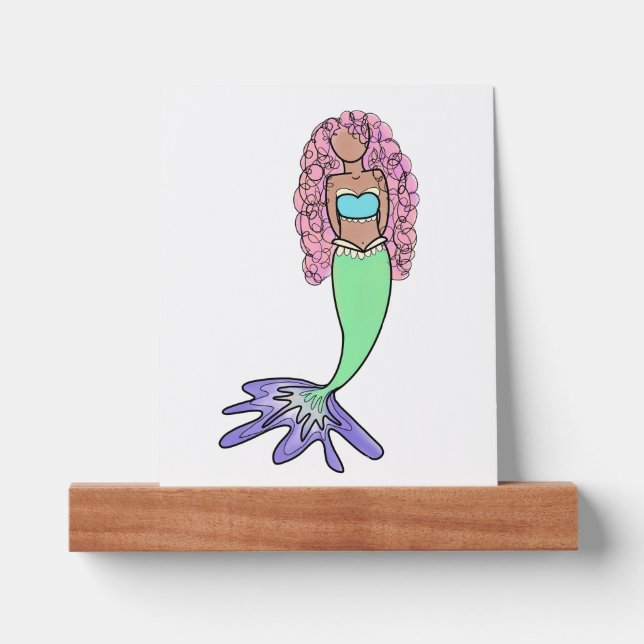 rainbow mermaid pink blue purple green black curly picture ledge (Front)