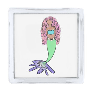 rainbow mermaid pink blue purple green black curly silver finish lapel pin