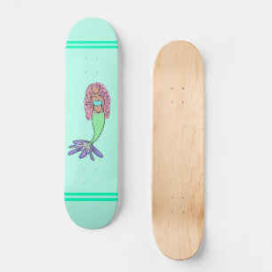 rainbow mermaid pink blue purple green black curly skateboard