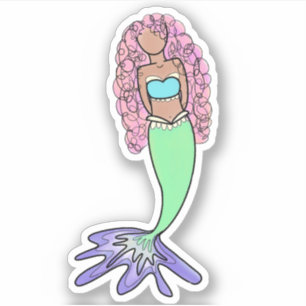rainbow mermaid pink blue purple green black curly sticker