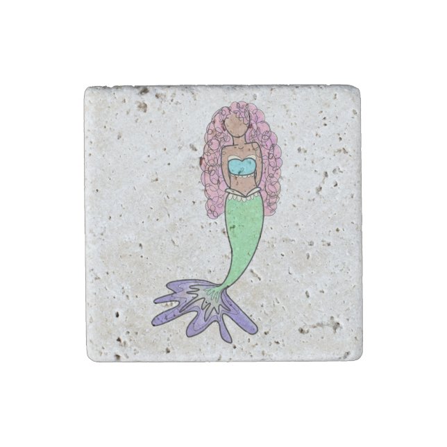 rainbow mermaid pink blue purple green black curly stone magnet (Front)