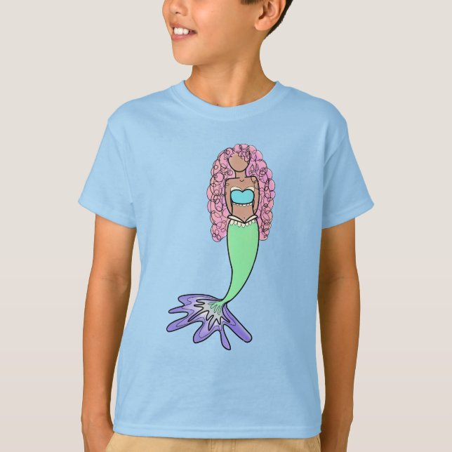 rainbow mermaid pink blue purple green black curly T-Shirt (Front)
