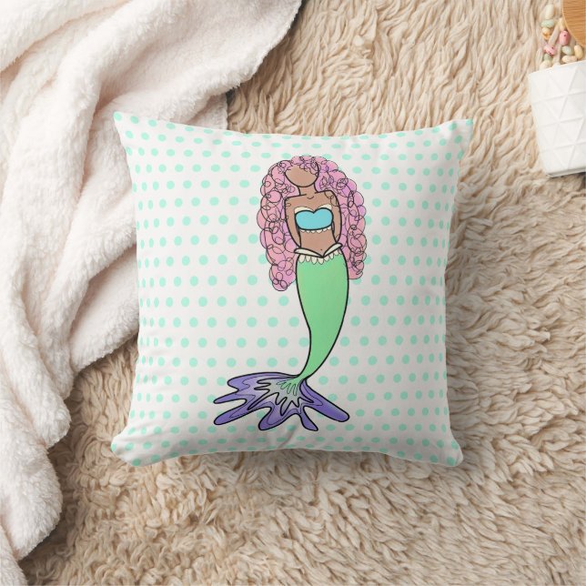 rainbow mermaid pink blue purple green black curly throw pillow (Blanket)